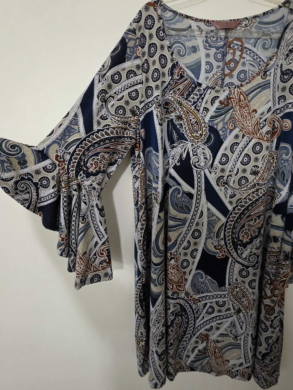 Paisley Geometric Bell Sleeve Mini Dress Boho Earthy 70s Retro Peasant 3x